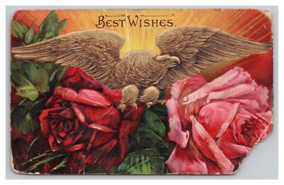 1910 Embossed Gold Eagle Best Wishes Roses Valentines Postcard