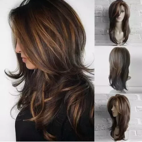NEW Women Dark Brown w/Gold Highlight Ombre Shoulder Length Curly Hair Wig****