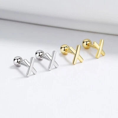 Silber 925 Ohrstecker "X" mit Schraubverschluss Damen Mädchen Kleine Ohrrringe - Bild 1 von 4