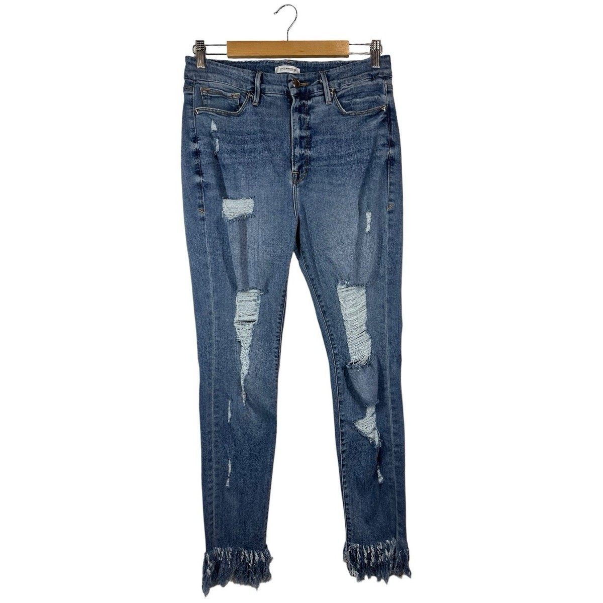 Good American Jeans Womens 16 Distressed Fringe Hem High Rise GAGLF103 Blue