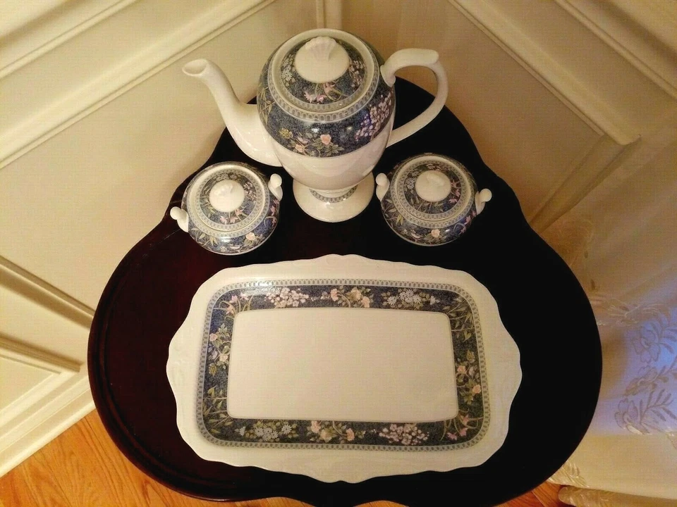 Bandeja de China HANKOOK HNK32 Floral Azul Borde Cafetera Azúcar y Crema MIRAR Foto 3 de 4