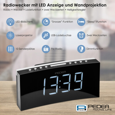 Radiowecker Uhrenradio mit Projektion, 2 Weckzeiten Display dimmbar Sleep/Snooze