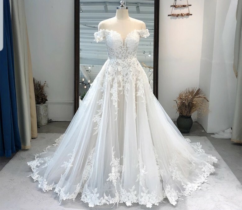 UK white Ivory Bridal Lace A Line Off Shoulder Champagne Wedding Dress Size  6-22 | eBay