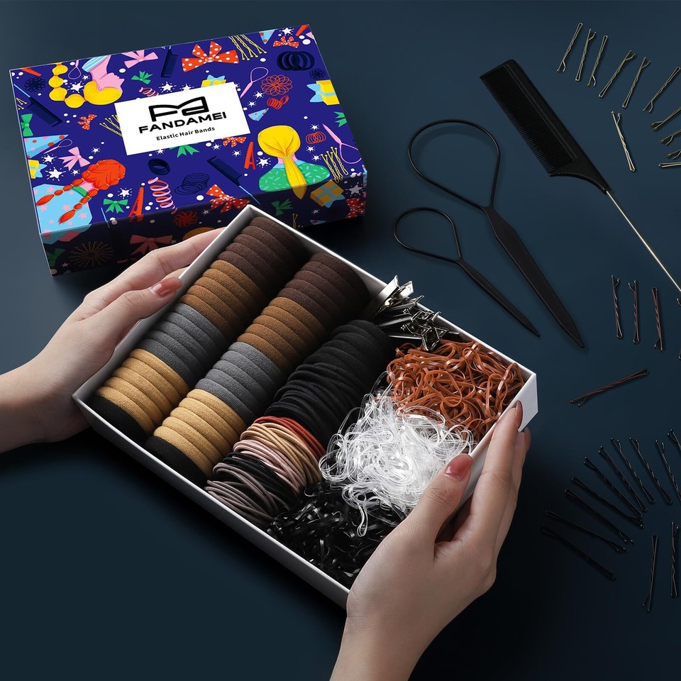 FANDAMEI Hair Accessories Kit Elastic Ties, Bands, Pins & Rat Tail