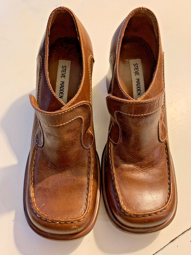 VTG Y2K Steve Madden Blinky Brown Leather Chunky Heel Loafers Sz 8.5 - Picture 5 of 13