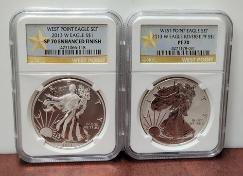 2013 W Reverse Proof Silver Eagle NGC PF70 & Enhanced SP70 2 Coin West Point Set