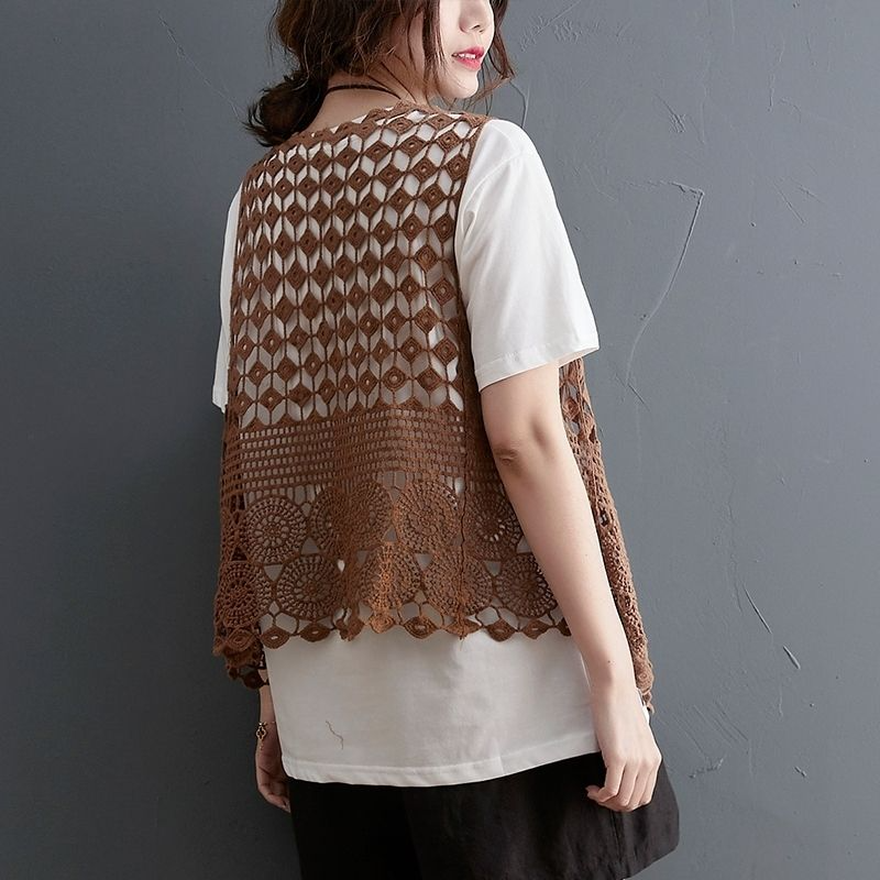 Damen Häkelweste Ärmellos - Spitzen Bolero Mit Taschen Sommer