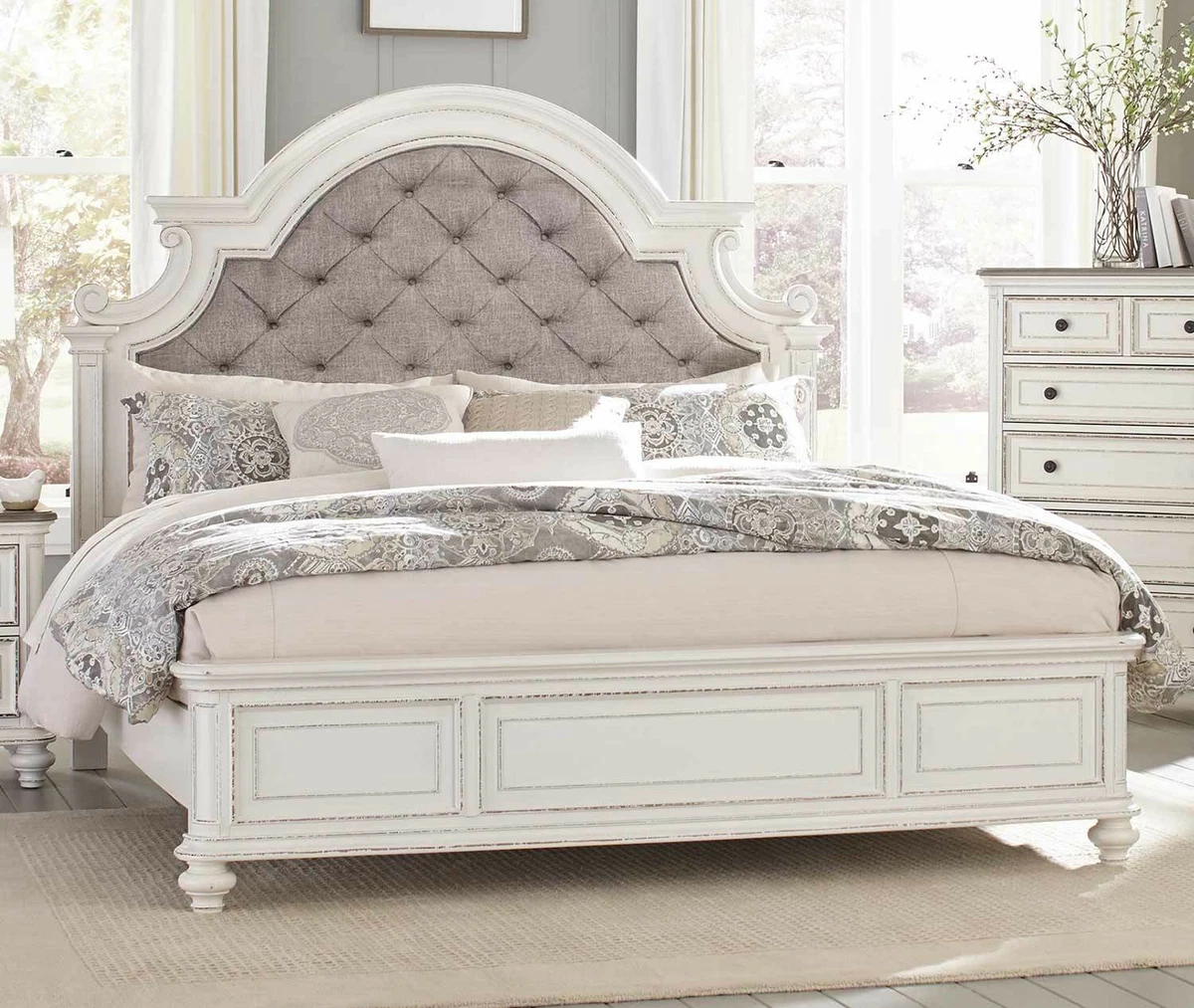4 PC TUFTED ANTIQUE WHITE QUEEN BED N S DRESSER MIRROR BEDROOM
