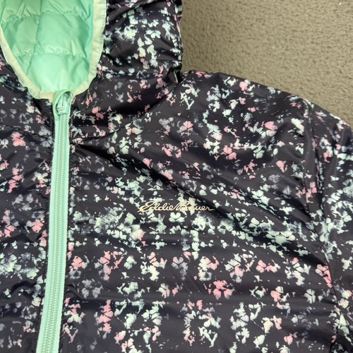 Eddie Bauer Down Reversible Jacket Kids Large Blue Insulated Hooded Floral - Picture 3 of 10