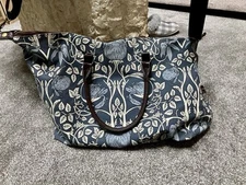 Lulu Dharma Large Canvas Tote Bag Blue Beige Flowers Floral Vines Travel