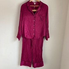 Victorias Secret Pajama Set L Pink Satin Polka Dot Button Front Long Sleeve PJ