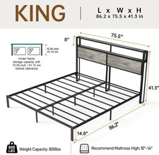 King Bed Metal Platform Bed Frame with LED Lights Headboard  Charging Station