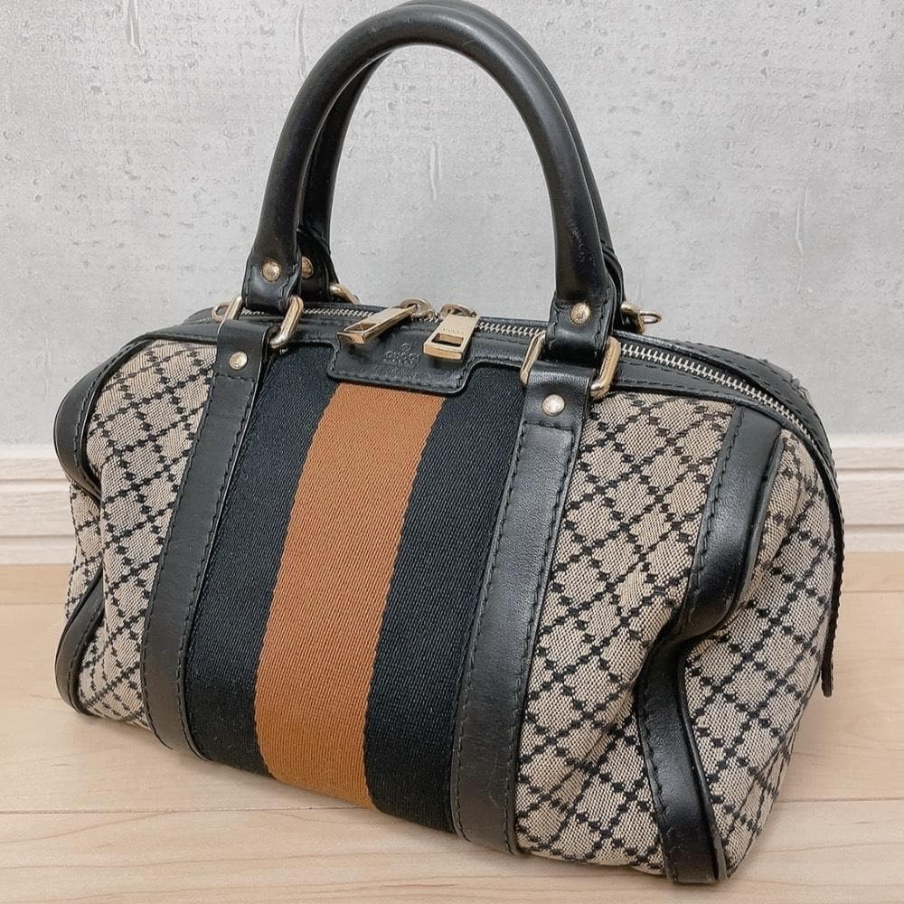 GUCCI GG Sherry Line Boston Bag Canvas Leather Brown Gold Hardware