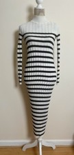 SEZANE Merino Wool Ribbed Bodycon Dress Striped White Navy Size XS-S