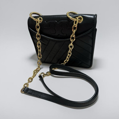 Small Tory Burch Black Quilted Chevron Shoulder Bag Gold Chain Strap