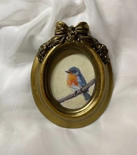 Small Bird Miniature  Ornate Original Oil Painting | Tiny Robin in Vintage Frame