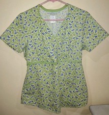 Blue  Green Floral Scrub Top - Mock Wrap V Neck Short Sleeve SB Scrubs size XS