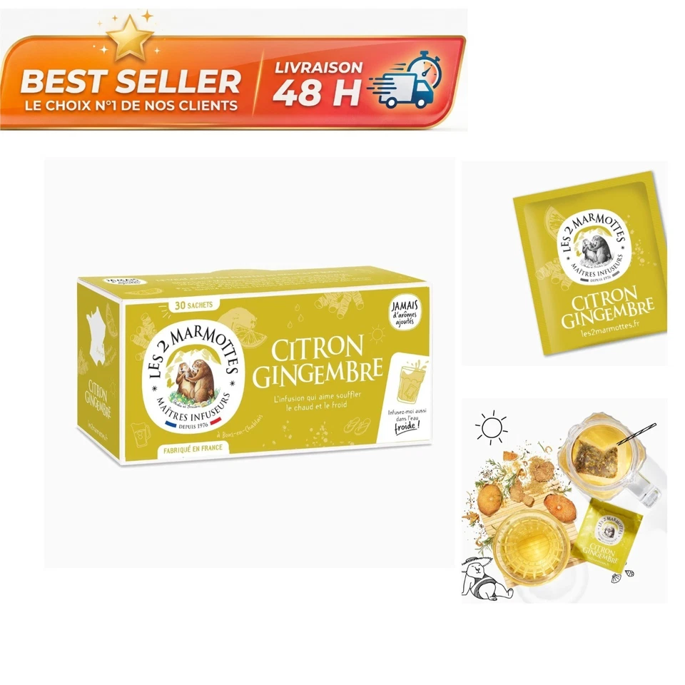 Infusion citron gingembre Les 2 Marmottes 30 sachets France - Photo 1/4