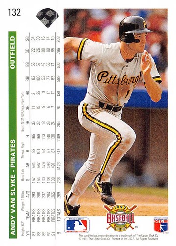 Andy Van Slyke 1992 Upper Deck 132 Pittsburgh Pirates BASEBALL Card - Picture 2 of 2