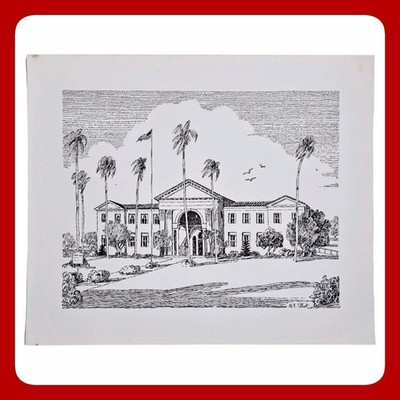 ME Elliot Signed Architectural Pen Ink Drawing Vintage Palm Tree Art 14x11in EUC