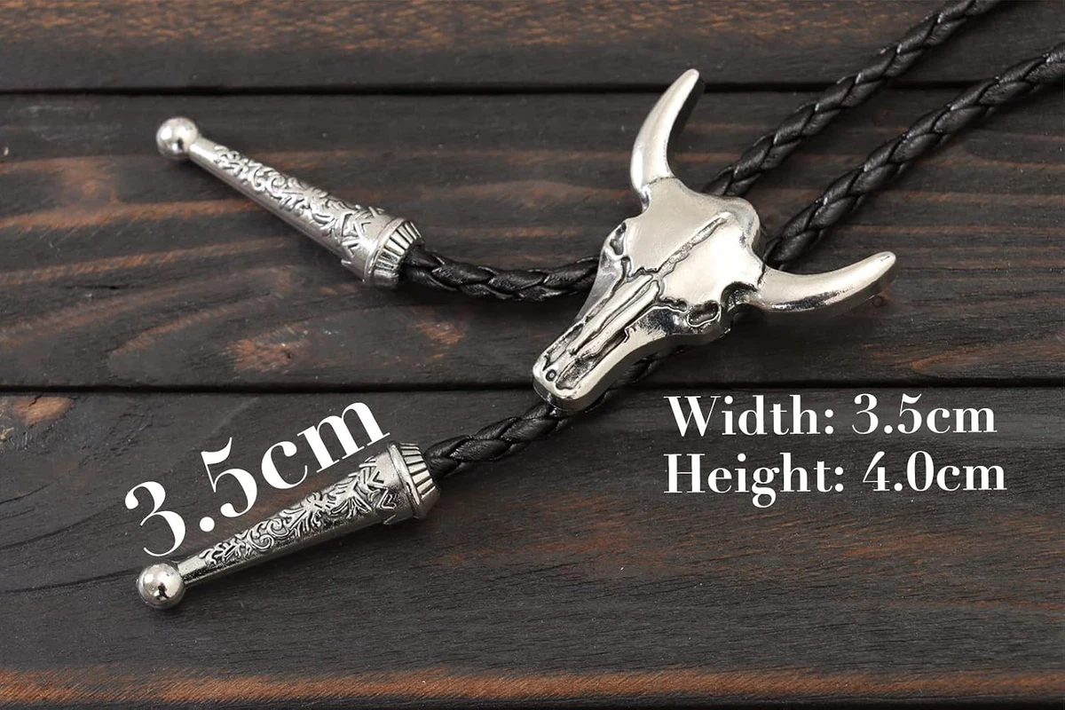 Western Vintage Bolo Tie for Men - Cow Skull Design Cowboy Tie - Black Leather B