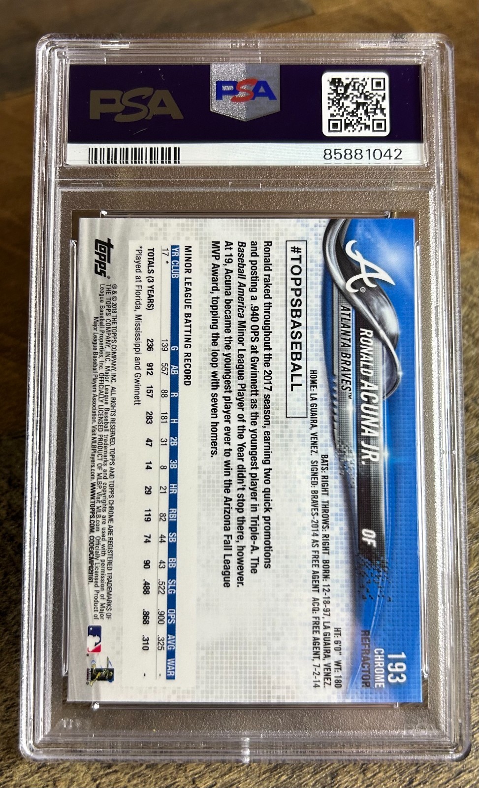 2018 RONALD ACUNA JR RC TOPPS CHROME XFRACTOR PSA 10 ATLANTA BRAVES 193 view 2
