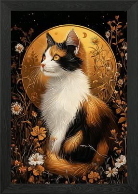 Calico Katze in floral goldener Aura gerahmtes Wandbild Poster Leinwanddruck Bild