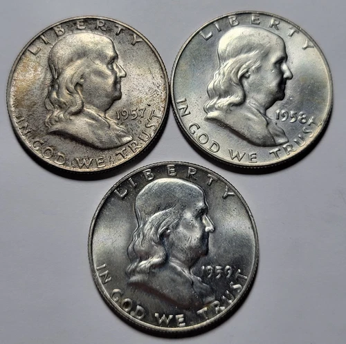 1957 1958 1959 All 'D' Mint FRANKLIN Half Dollar 50c Cents Silver 3-COIN Lot ~BU