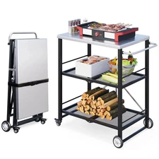 Outdoor Grill Table, Stainless Steel 3-Tier Folding BBQ Prep Table with Casters