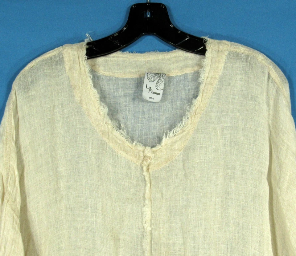 Blusa/Top LA FIXSUN Fino LINO Beige HOMBRO CAÍDO Bolsillos LAGENLOOK Talla M Foto 2 de 4