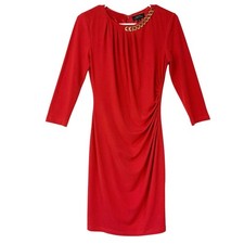 Tahari Arthur S. Levine Red Sheath Dress 4 Zip Up 3/4 Sleeve Gold Chain Accent
