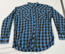 Wrangler Wrancher Pearl Snap Shirt Mens XL Blue Black Plaid Long Sleeve Western