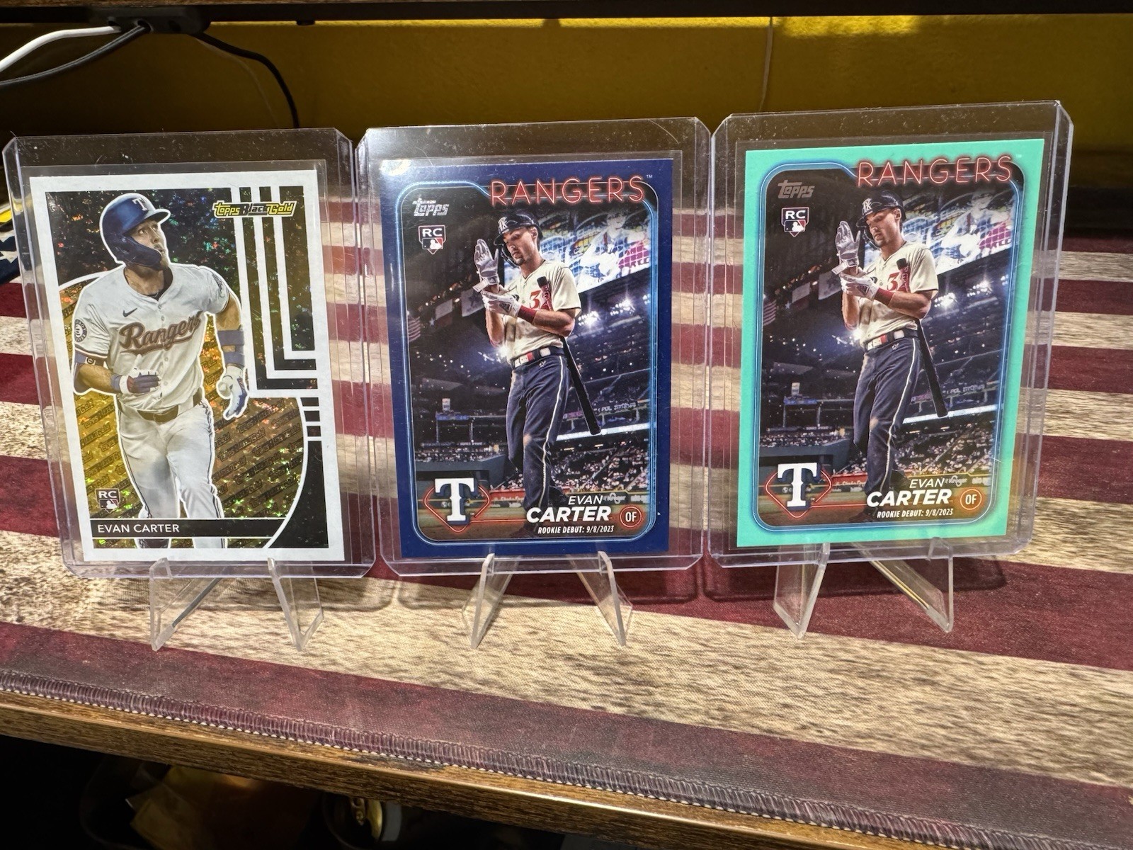 2024 TOPPS Update Evan Carter Rookie Debut Aqua, Retail Blue, TOPPS Black Gold