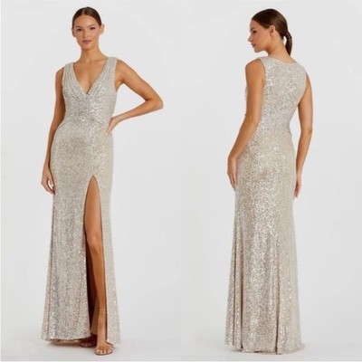 Mac Duggal Sparkle Sequin Nude V-Neck Sleeveless Sheath Gown Size 2 NEW