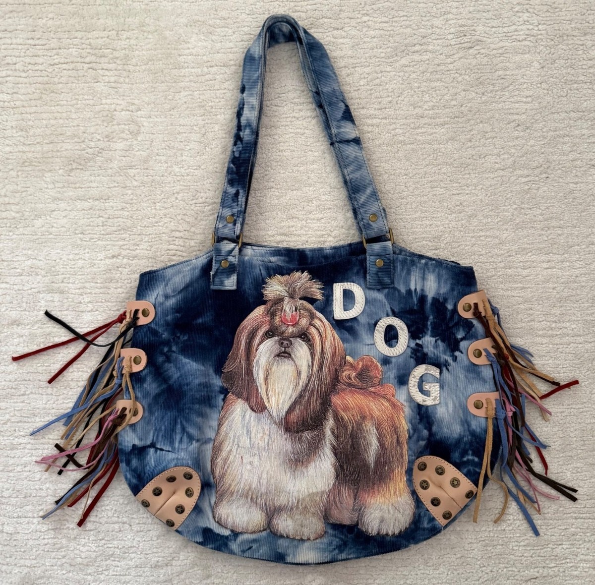Tie-Dye Dog Print Corduroy Tote Bag With Fringe Details Zipper