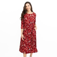 Seasalt Womens Midi Dress Red Folksy Floral Dahlia Forestry ¾ Sleeves Zip Pocket