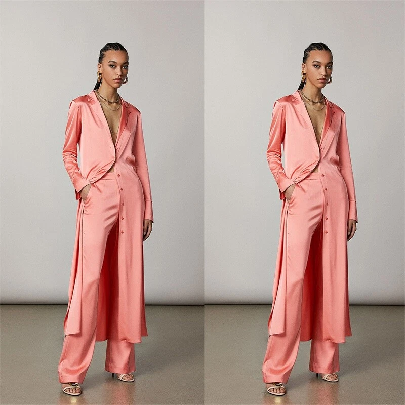 Pink Women Suits 2 Pcs Formal Business Blazer Silk Satin Party