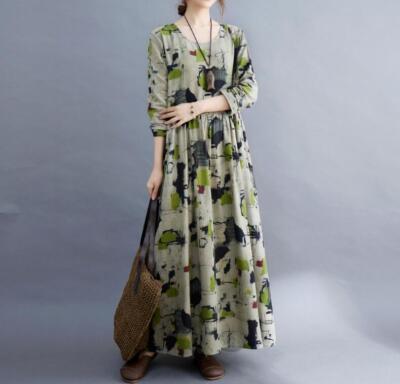 Womens Fashion Summer Round Collar Long Sleeve Loose Printed Cotton Linen Dress | eBay Womens Fashion Summer Round Collar Long Sleeve Loose Printed Cotton Linen Dress | eBay