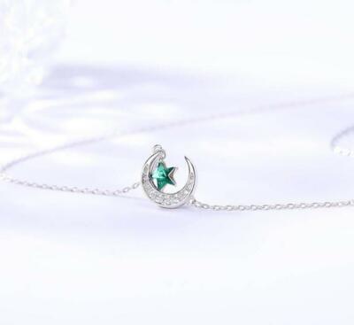 Pave Blue Cubic Zirconia Silver SP Moon Star Pendant Chain Necklace