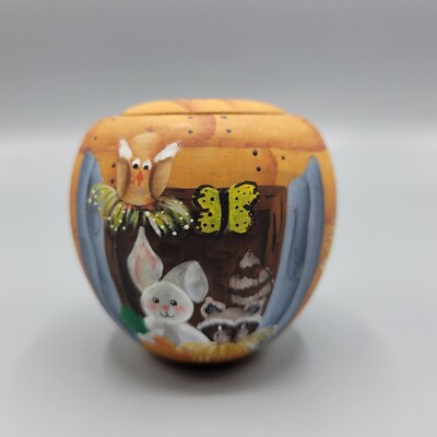 Vintage Hand Painted Small Wooden Jar With Lid Animal Cat Mouse Bird Rabbit