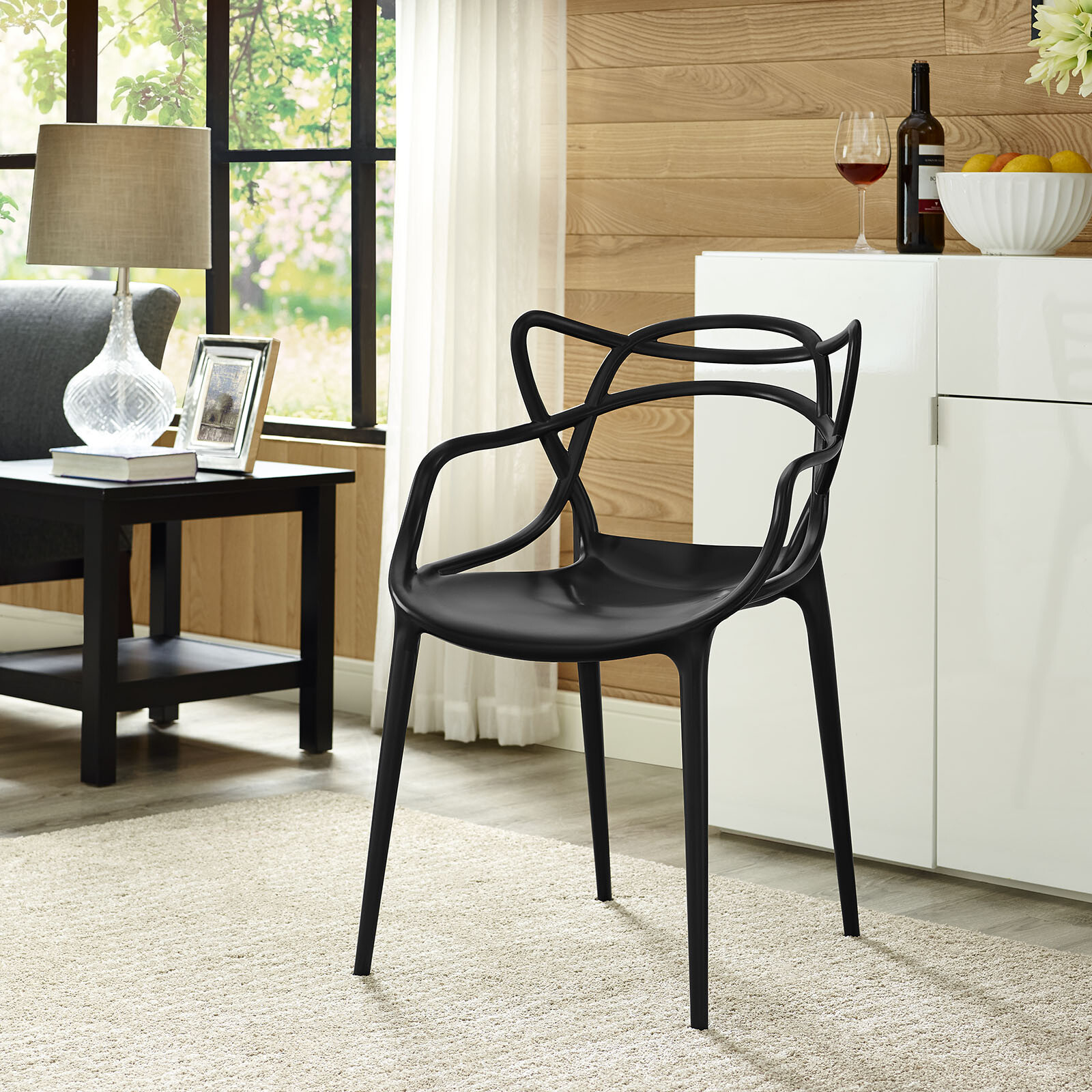 Modway Contemporary Modern Unique Molded Plastic Accent Dining Armchair in Black