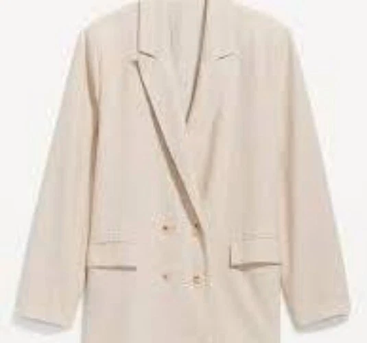NEW Old Navy Womens 2X Double-Breasted Linen-Blend Blazer Beige Lightweight