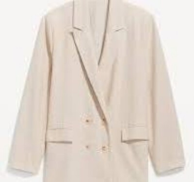 NEW Old Navy Womens 2X Double-Breasted Linen-Blend Blazer Beige Lightweight 