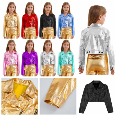 Kinder Mädchen Sweatshirt Schule Top Shiny Oberteile Disco Bluse Stehkragen