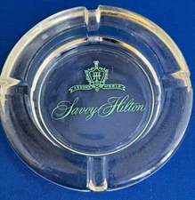 Savoy Hilton Around The World Vintage Ashtray, Clear HEAVY Glass  Green graphics