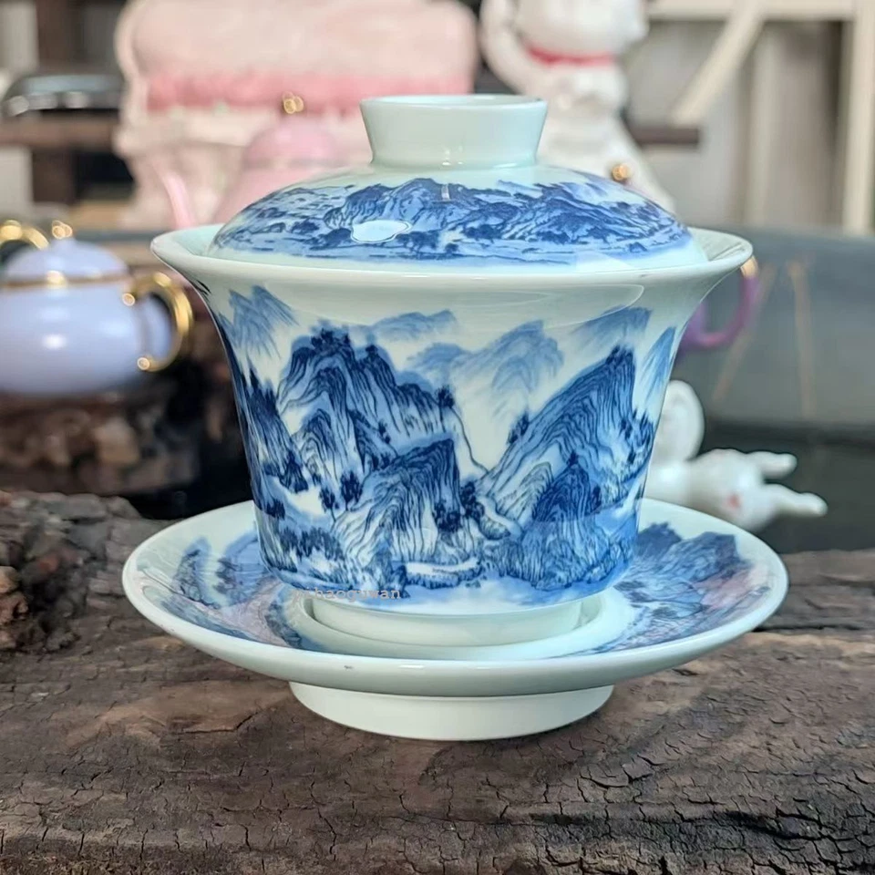 160ML !Three piece set of Chinese ceramic blue landscape patterned tea cups - Image 2 of 4