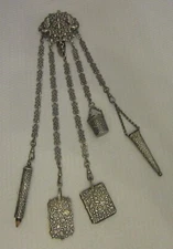 Victorian Chatelaine 19C Antique 5P Complete Seamstress Thimble Scissor Notebook