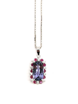14KT White Gold 6.25g Tanzanite, Rubies, & Diamonds Pendant with Box Chain