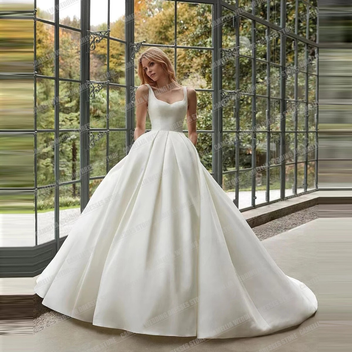 Elegant A-Line Wedding Dresses Square Neck Spaghetti Straps Satin Bridal  Gowns