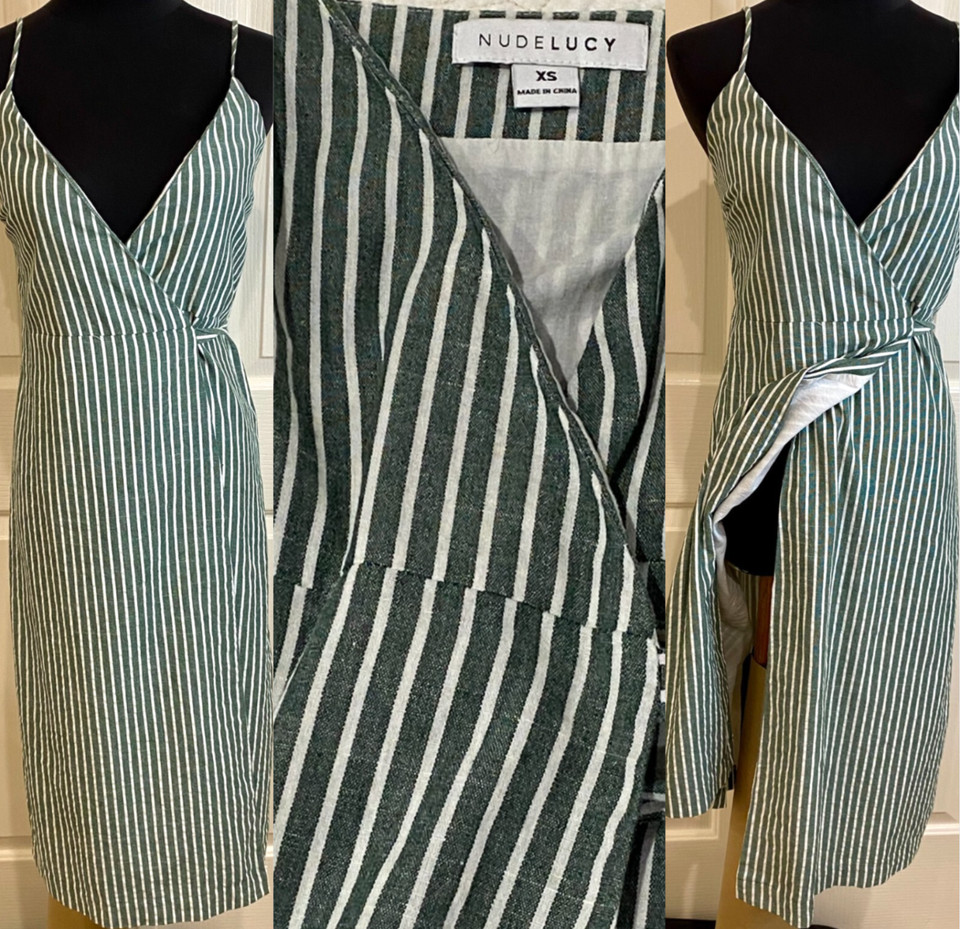 NUDE LUCY Dress XS Midi Wrap Around LIKE NEW Stripes Green White Cotton Lined